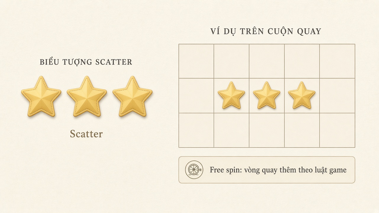 Sơ đồ khái niệm scatter và free spin trên slot: ba biểu tượng scatter kích hoạt vòng quay thêm